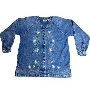 Premier International Denim Shirt Top Embroidered Beaded V Neck Button Small